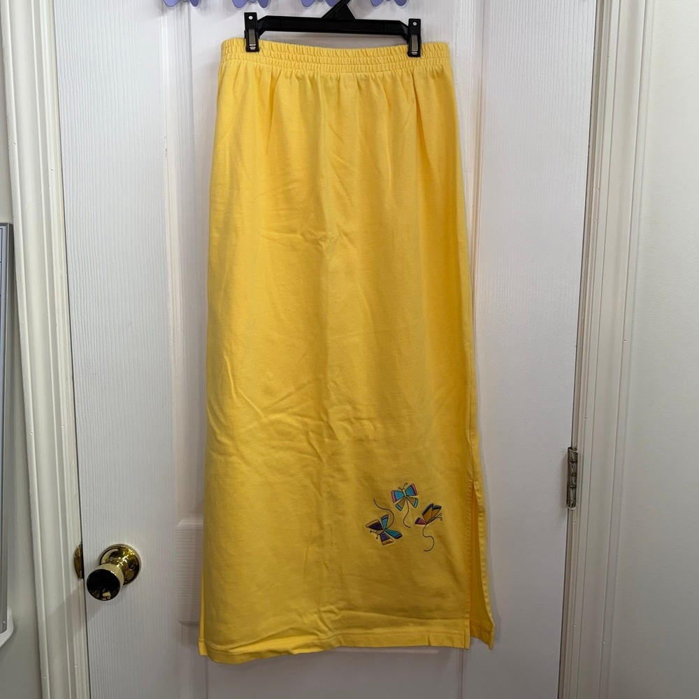 Vintage The Quacker Factory pale yellow 100% cotton embroidered butterfly skirt